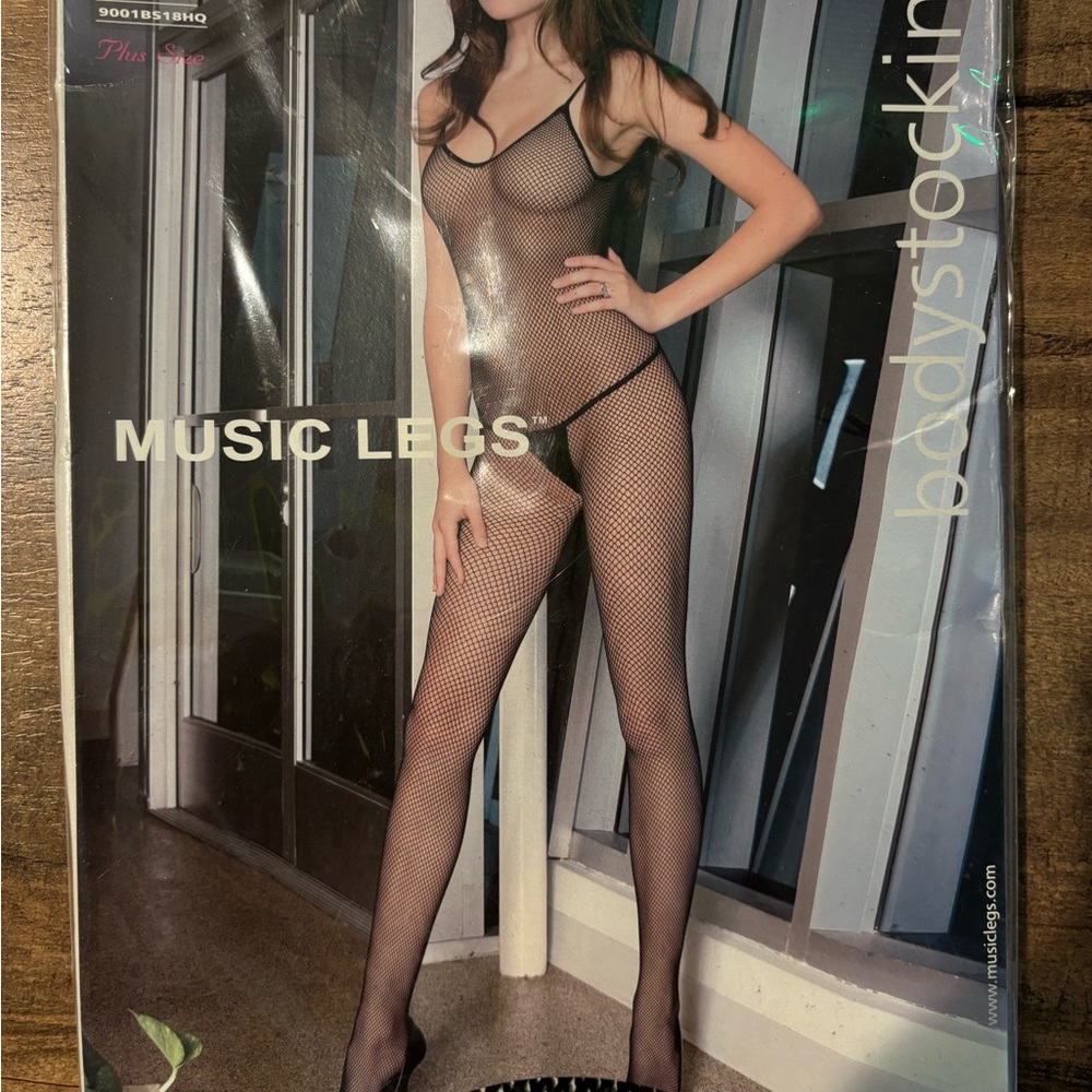 Plus Size Music Legs Black Fishnet Bodystocking with Spaghetti Straps